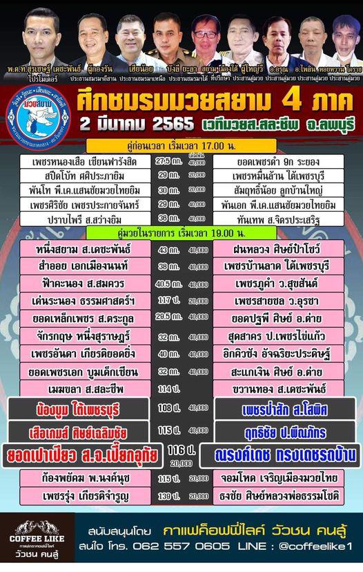 สรุปผลมวย ศึกชมรมมวยสยาม 4 ภาค ประจำวันพุธที่ 2/3/2565