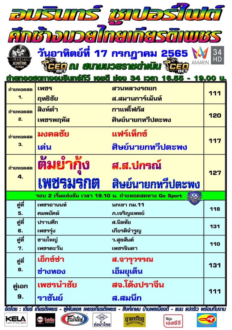 สรุปผลมวย ศึกช้างมวยไทยเกียรติเพชร ประจำวันอาทิตย์ที่ 17/7/2565