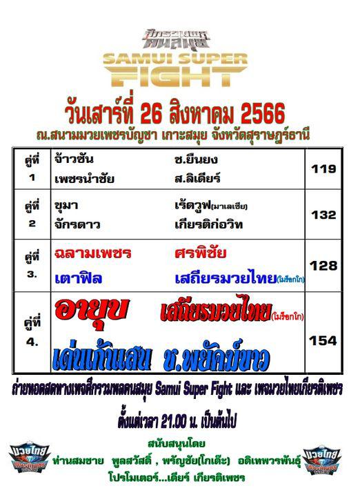 สรุปผลมวย ศึกรวมพลคนสมุย ประจำวันเสาร์ที่ 26/8/2566