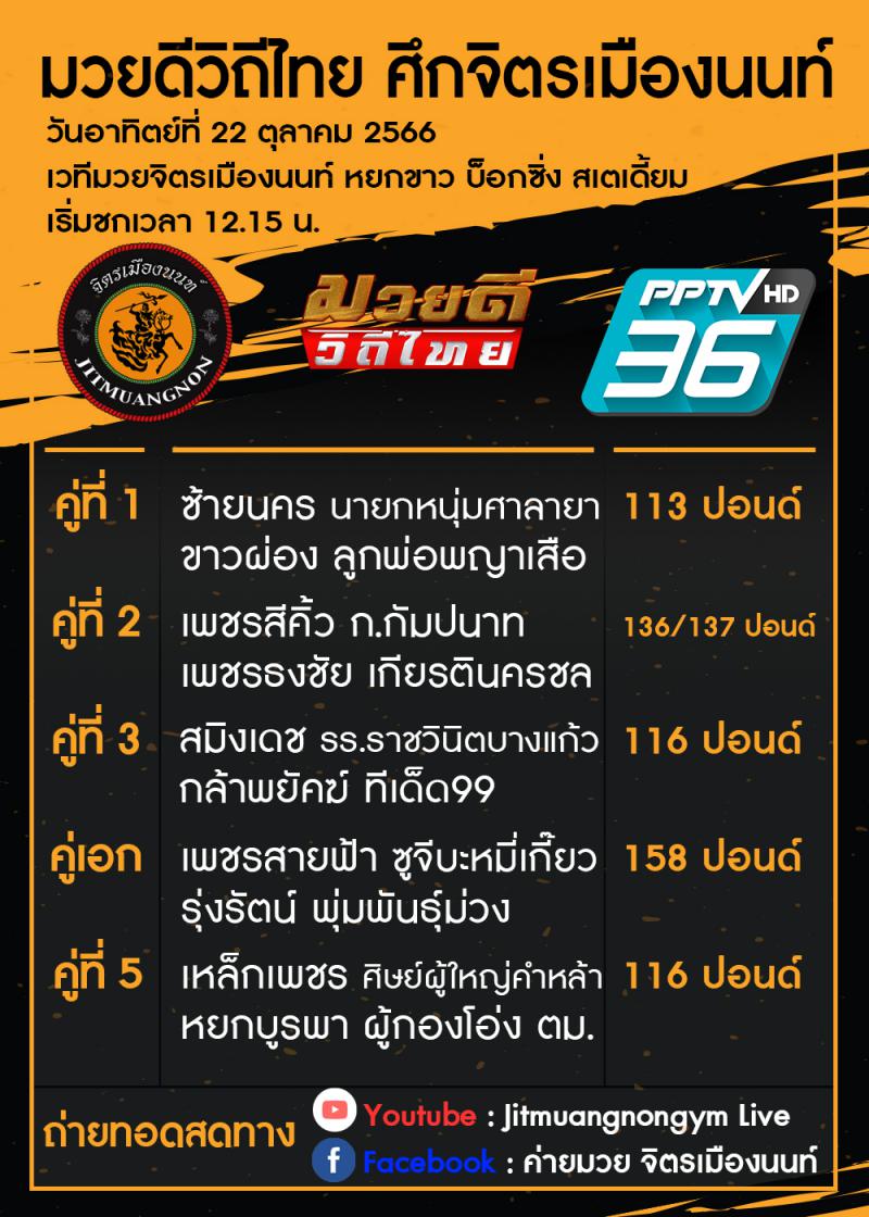 สรุปผลมวย ศึกมวยดีวิถีไทย ประจำวันอาทิตย์ที่ 22/10/2566