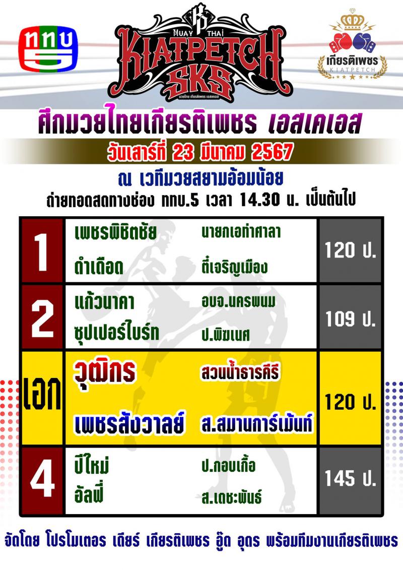 สรุปผลมวย ศึกมวยไทยเกียรติเพชร ประจำวันเสาร์ที่ 23/3/2567