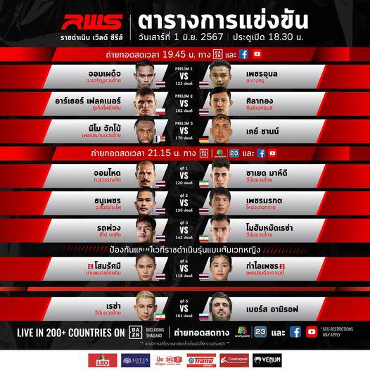 สรุปผลมวย RAJADAMNERN WORLD SERIES ประจำวันเสาร์ที่ 1/6/2567