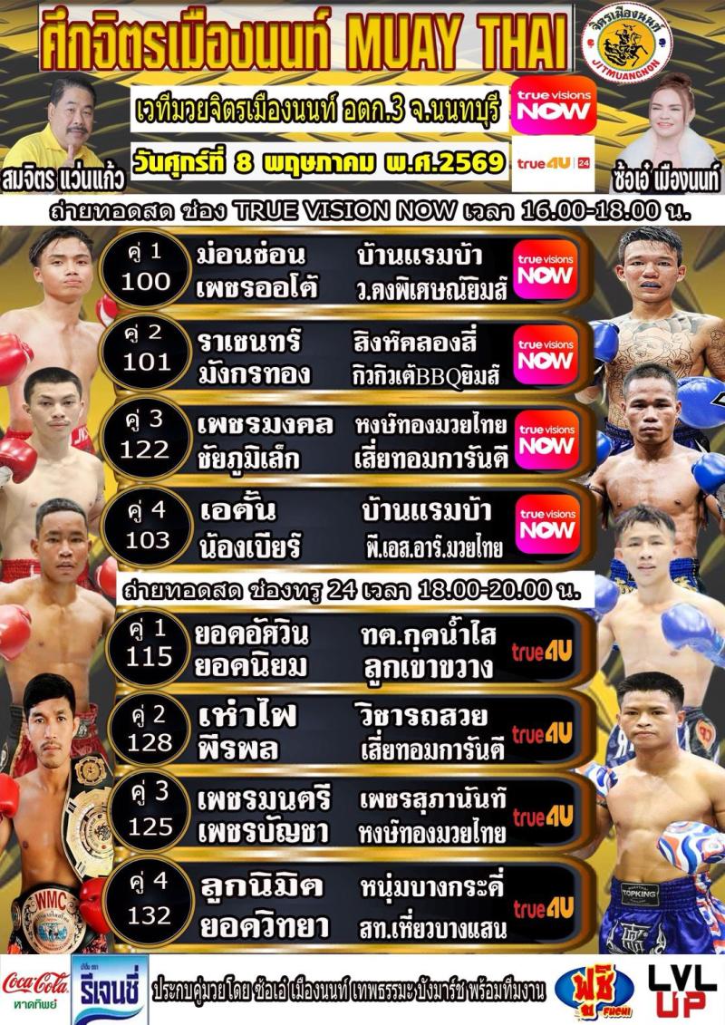สรุปผลมวย ศึกจิตรเมืองนนท์ ประจำวันศุกร์ที่ 8/5/2569
