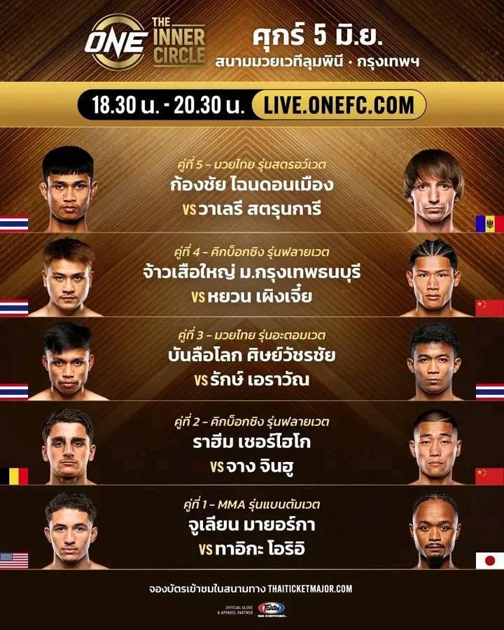 สรุปผลมวย ศึกวันแชมเปียนชิพลุมพินี The Inner Circle ประจำวันศุกร์ที่ 5/6/2569